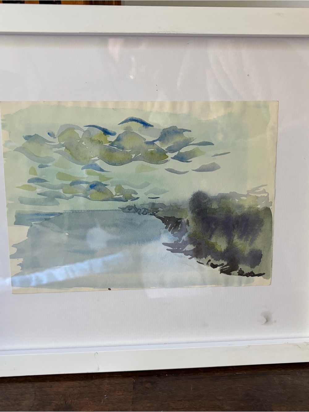 Original Framed Watercolor Landscape Painting – Coastal Lake Scene